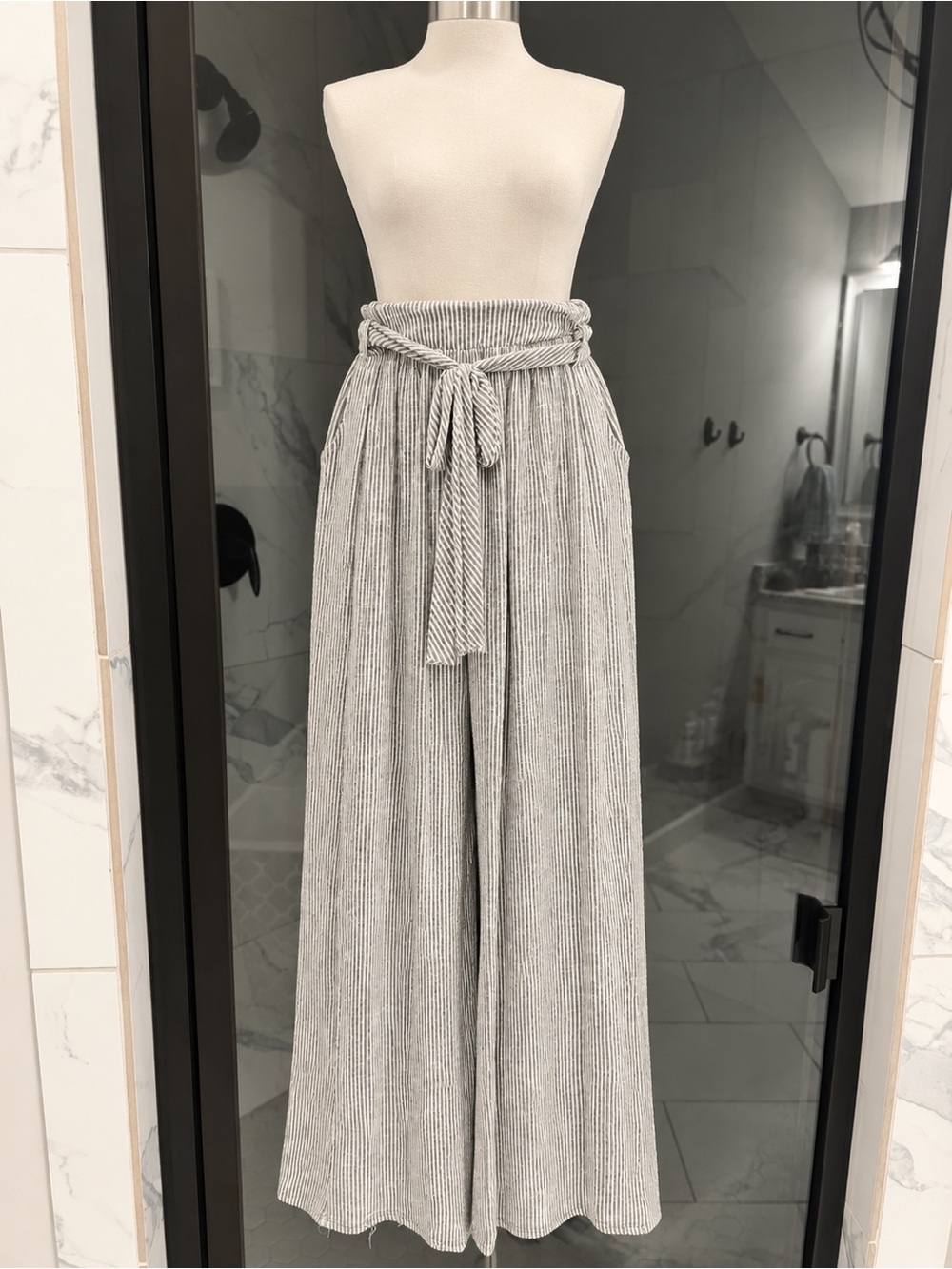 Caution To The Wind Gray Striped Wide-Leg Paperbag Pants with Tie